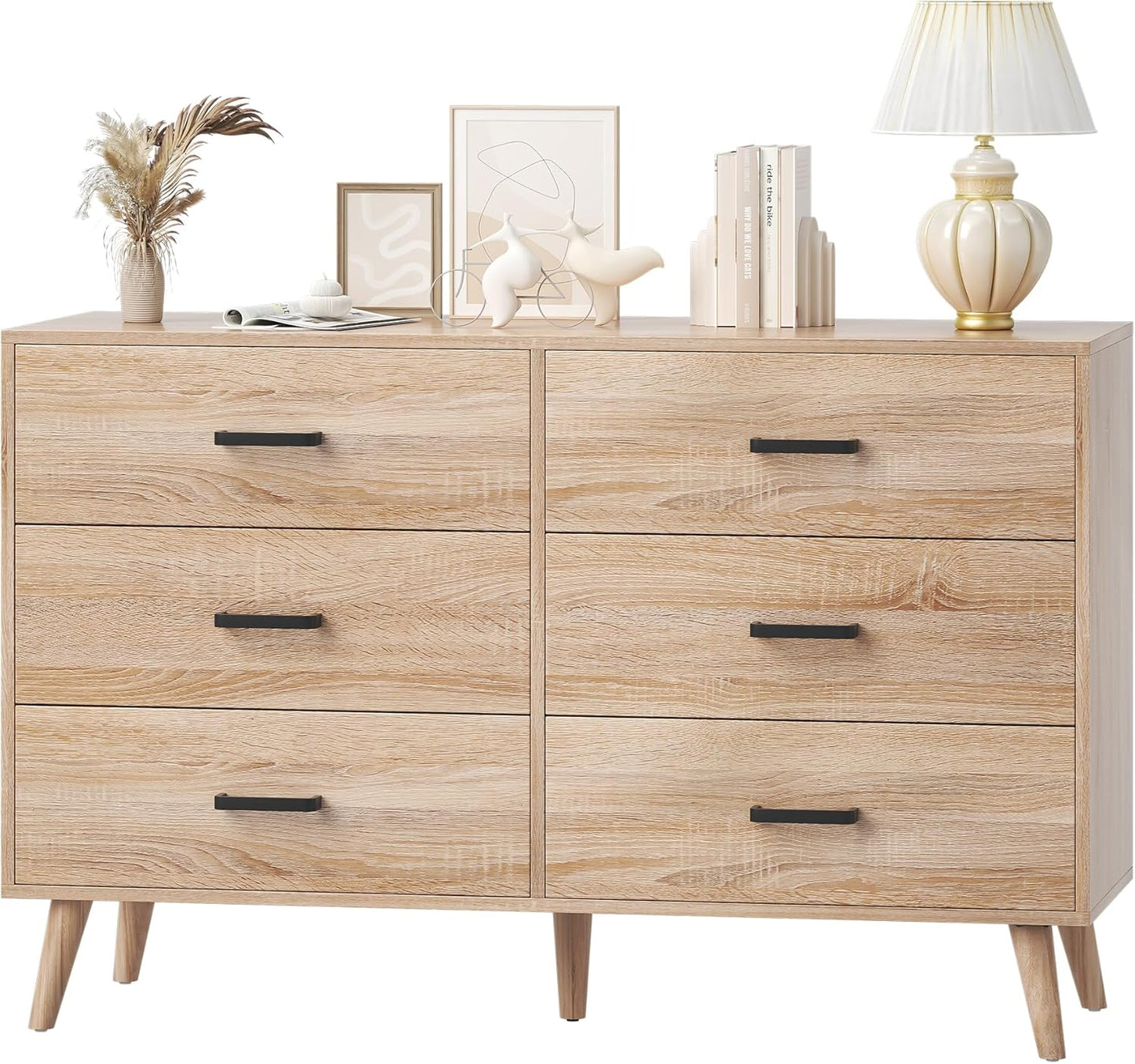Wood Dresser for Bedroom, 6 Drawer Dresser with Metal Handles, Mid Century Modern Dresser Double Chest of Drawer (Light Oak)