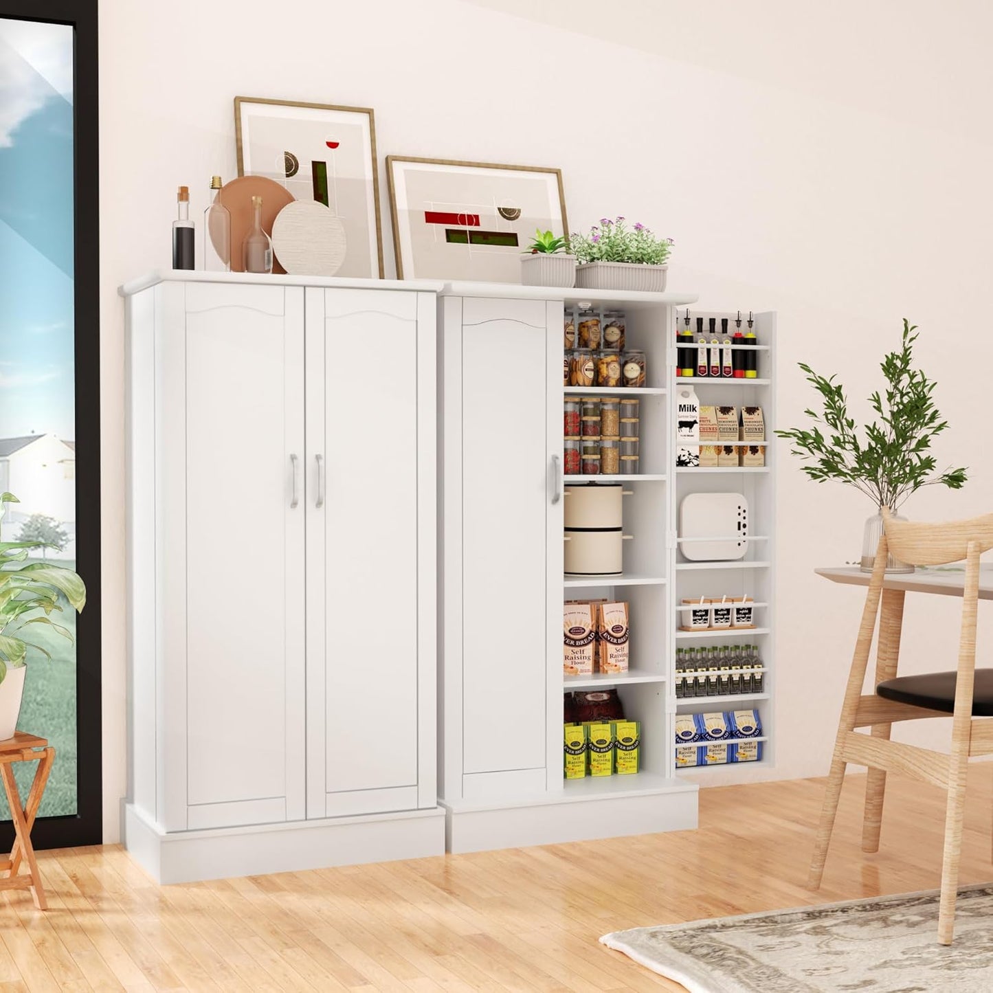 Kitchen Pantry Cabinet, Pantry Storage Cabinet with Adjustable Shelves and Drawer, Sideboard Buffet Cupboards Storage Shelf for Home Office Use (White, 16" D x 24" W x 47" H)