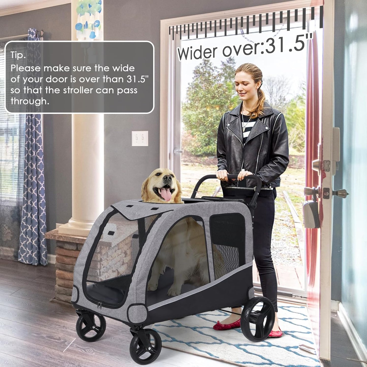 Dog Stroller For Large Dogs, Extra Large Pet Stroller For For Medium Dogs, Dog Stroller For 2 Dogs, Dog Wagon, Dog Carriage, Foldable Design, Adjustable Handle, With Pocket, Up To 160 lbs, Red