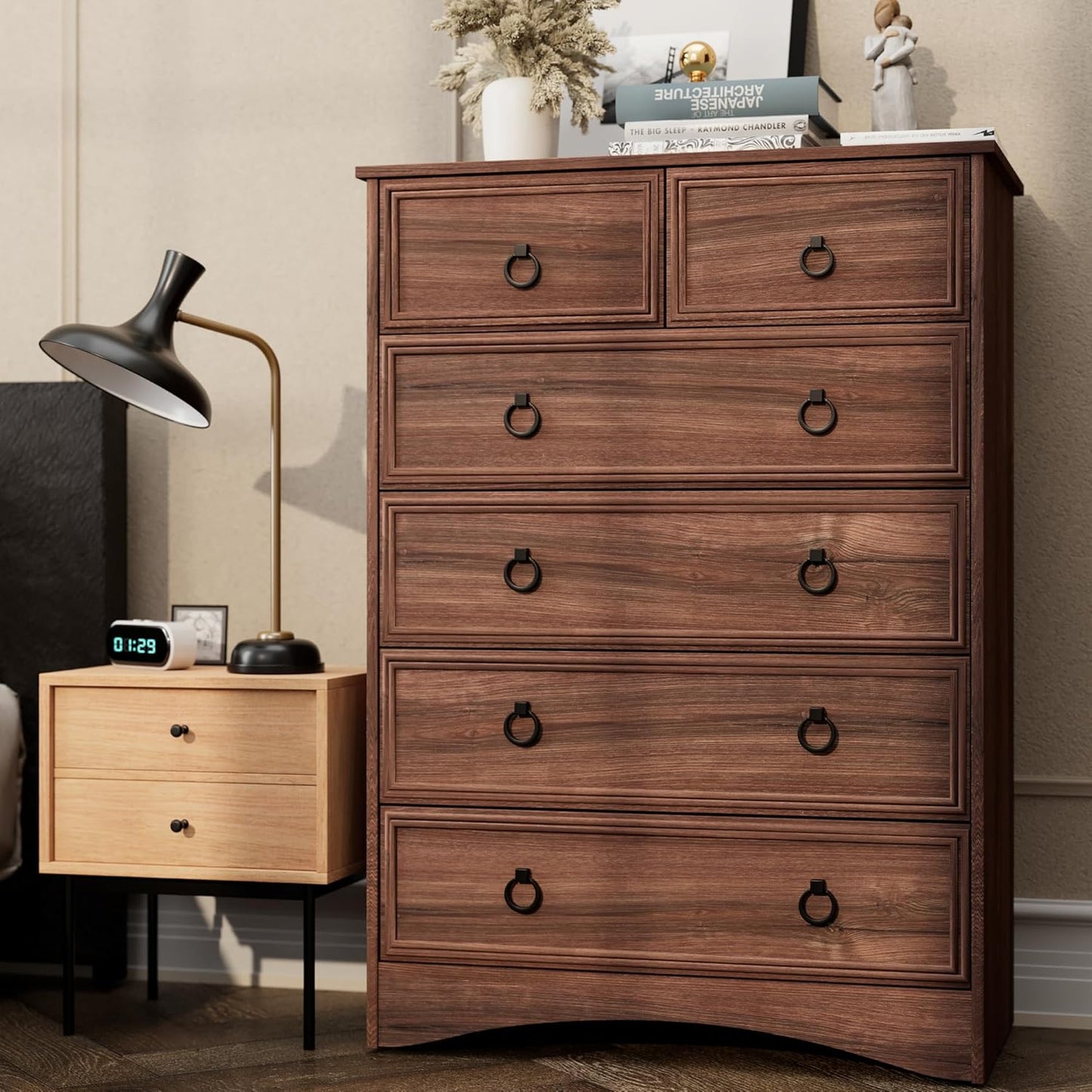 Dresser for Bedroom Tall, Mid Century Modern 6 Drawer Dresser, Cherry Wood Dresser with Large Dresser, Chest of Drawers,Storage for Clothes, Vintage, for Living Room, Bedroom, Hallway