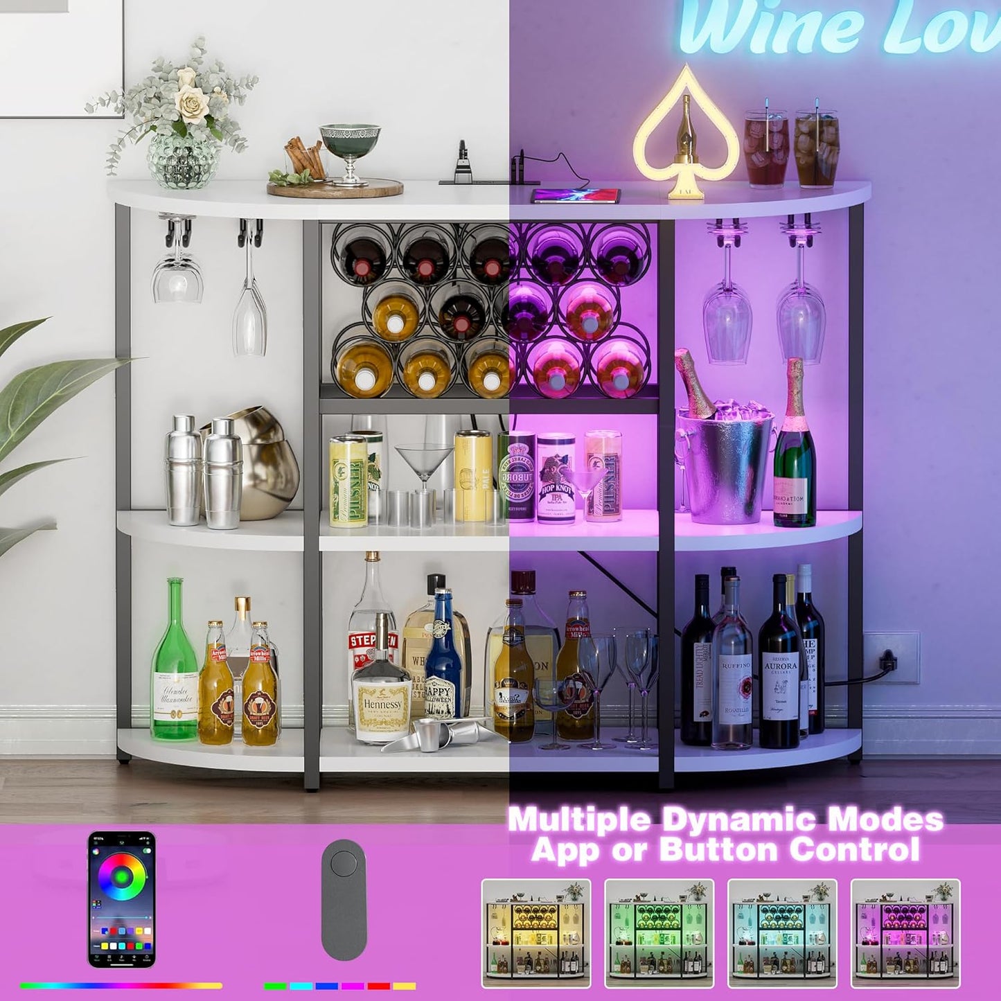Wine Bar Cabinet for Liquor Bar Table Bar Cabinet with Lights and Outlet 4-Tier Storage Freestanding Wine Racks with Glass Holder Mini Bars for Home, Bar