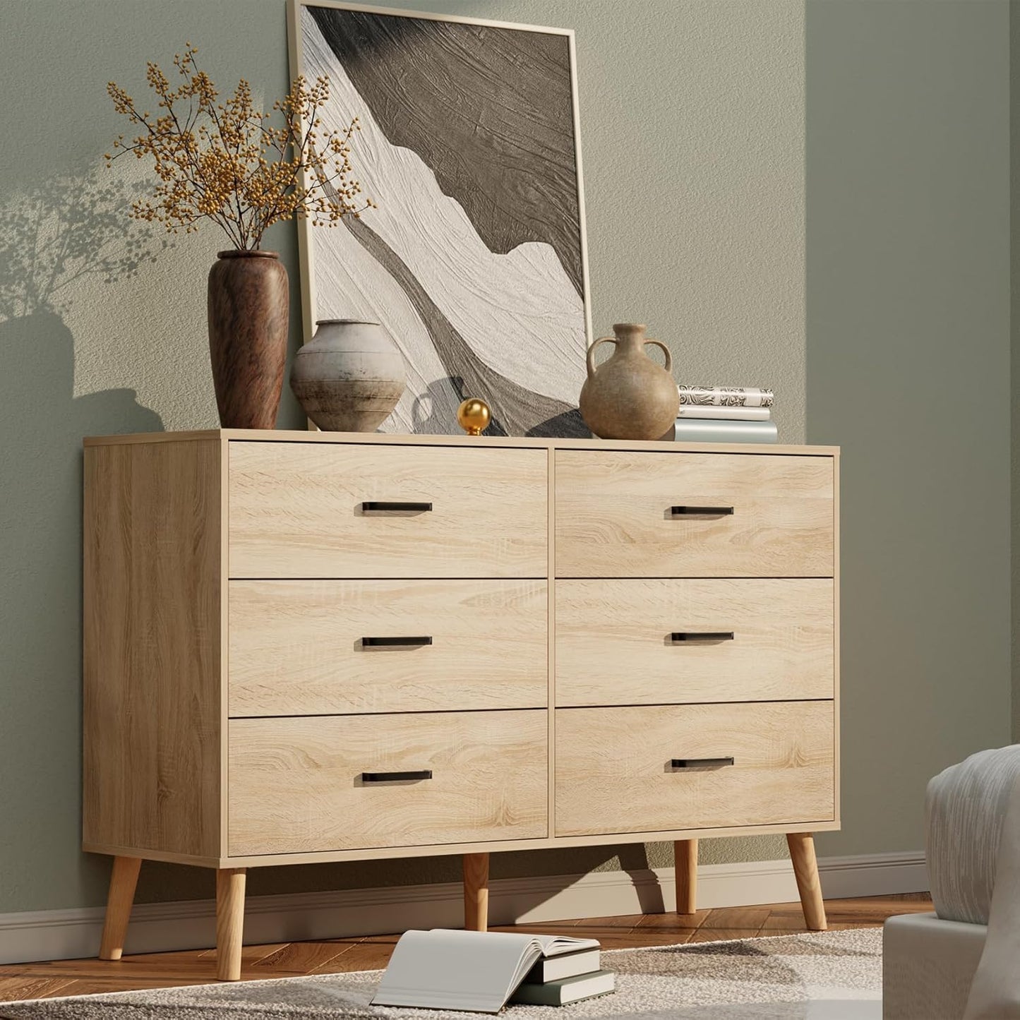 Wood Dresser for Bedroom, 6 Drawer Dresser with Metal Handles, Mid Century Modern Dresser Double Chest of Drawer (Light Oak)