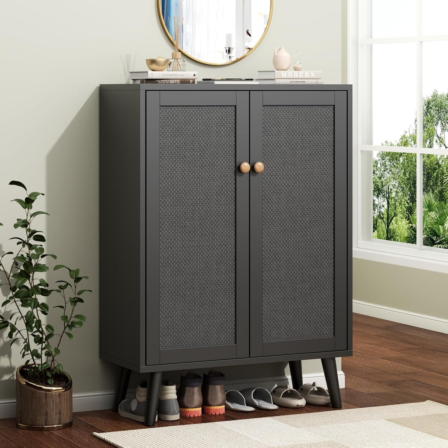Rattan Shoe Cabinet, 6-Tiers Shoe Storage Cabinet for Entryway Hallway, 2 Door Accent Cabinet with Adjustable Shelves, 44" H Tall Sideboard Storage Cabinet Closet Living Room (Black)