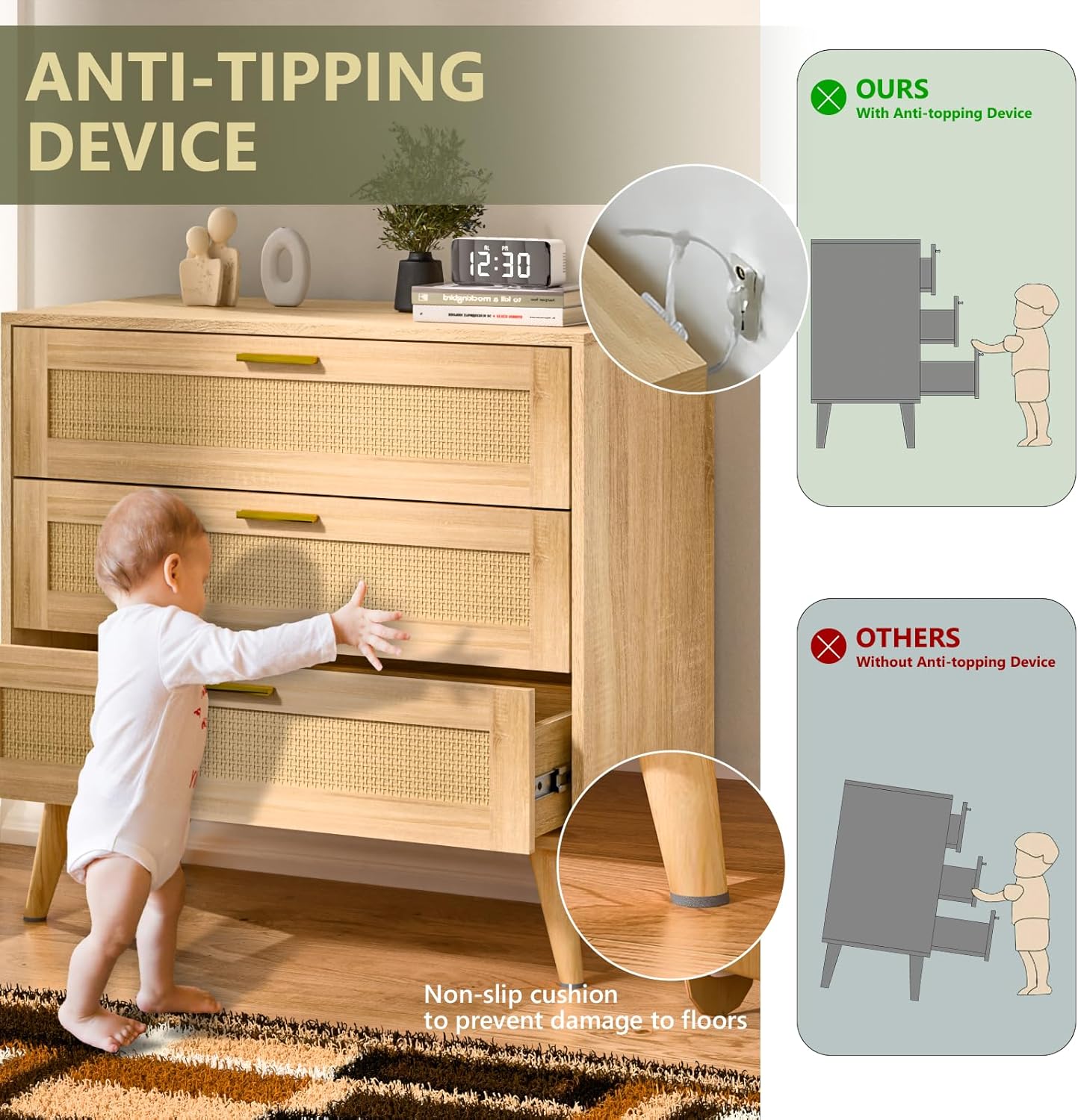 3 Drawer Dresser for Bedroom, Rattan Chest of Dressers, Boho Rattan Dresser Modern Wood Chest of Drawers with Golden Handles, Beside Table for Entryway, Living Room, Hallway, Bedroom (3 Drawers)