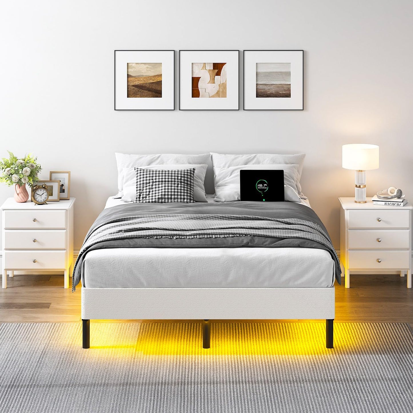 Queen Bed Frame for Box Spring, 7 Inch Metal Bed Frame with LED Lights, 9-Legs Support Bed Base, Tool-Free Easy Assembly