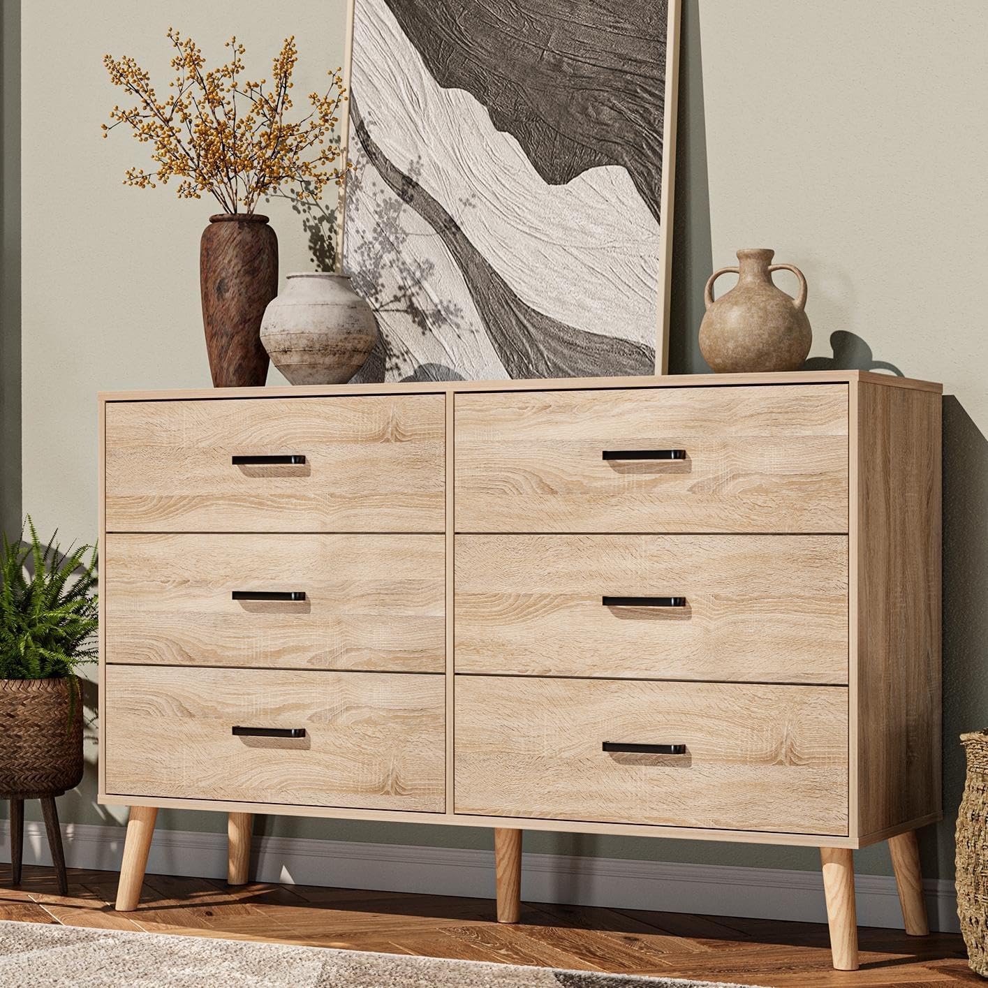Wood Dresser for Bedroom, 6 Drawer Dresser with Metal Handles, Mid Century Modern Dresser Double Chest of Drawer (Light Oak)