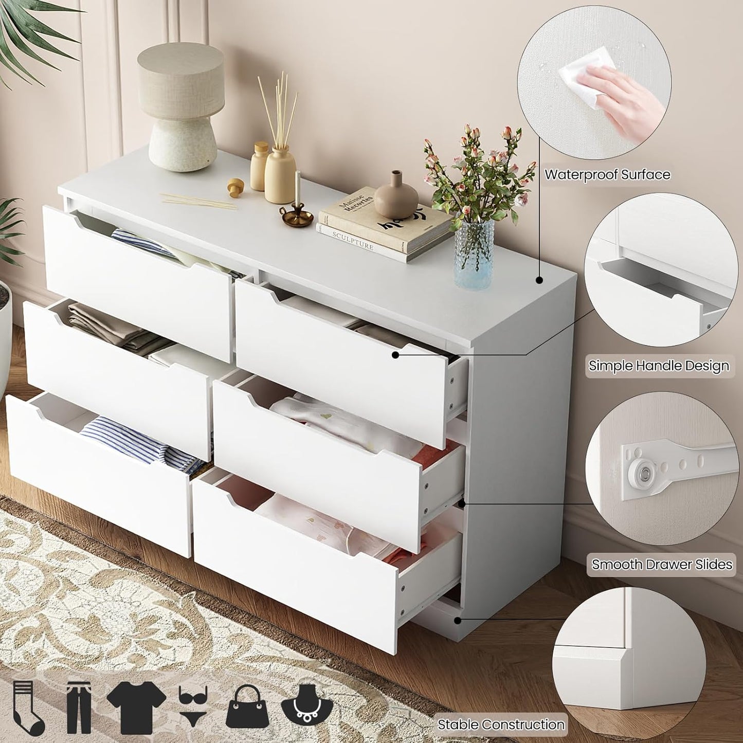 White Dresser,6 Drawer Dresser Modern Wooden Closet Dressers for Bedroom, Living Room, Hallway, Entryway, Cloakroom, or Dressing Room,White