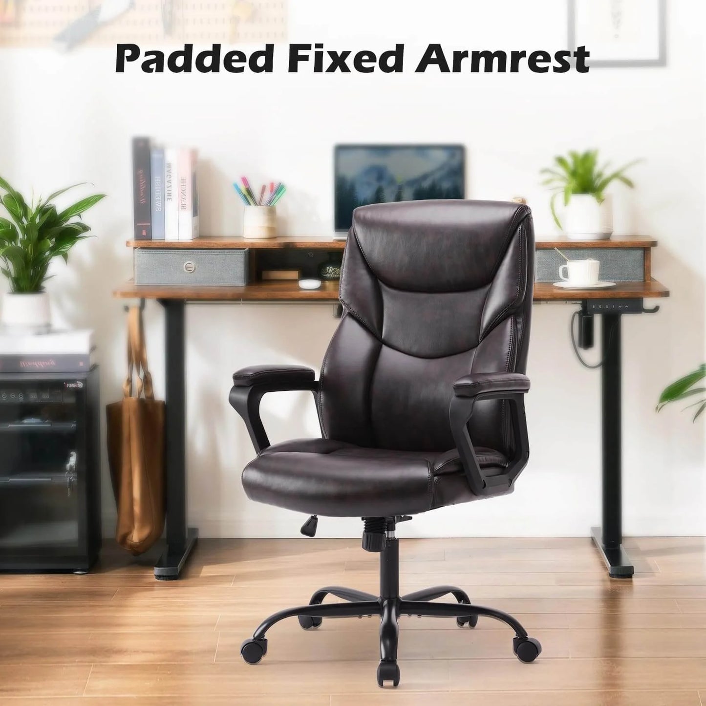 Big and Tall Office Chair Desk Chair 275lbs Wide Seat with Non-Adjustable Armrest and Lumbar Support PU Leather High Back Executive Task Ergonomic Computer Chair for Back Pain,Brown
