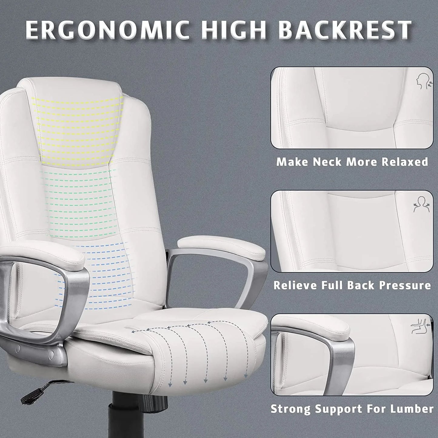 Big and Tall Office Chair Computer Desk Chair - Ergonomic High Back Lumbar Support Home Office Chair with Padded Flip-up Arms, Adjustable Height Leather Office Executive Chair (White)