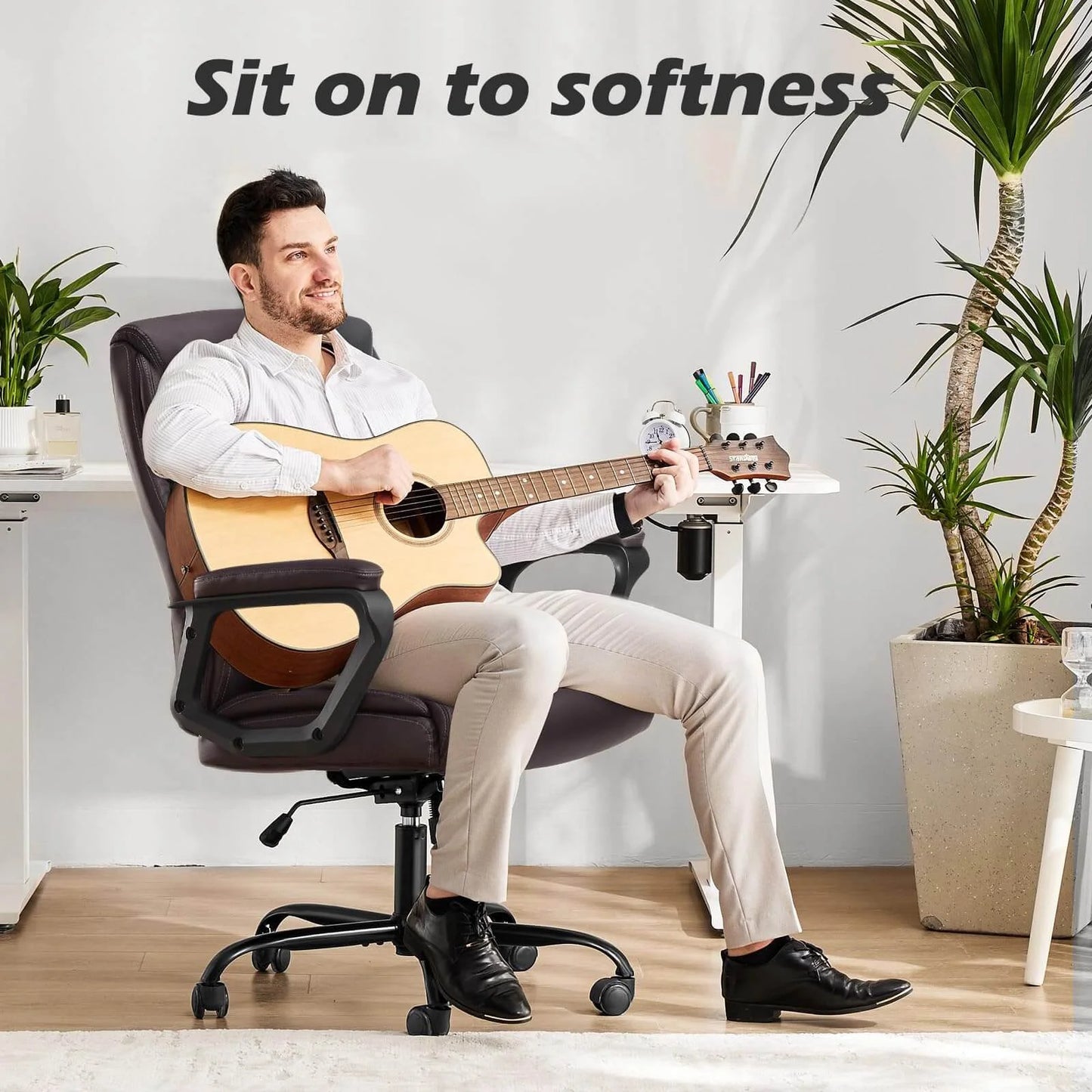 Big and Tall Office Chair Desk Chair 275lbs Wide Seat with Non-Adjustable Armrest and Lumbar Support PU Leather High Back Executive Task Ergonomic Computer Chair for Back Pain,Brown