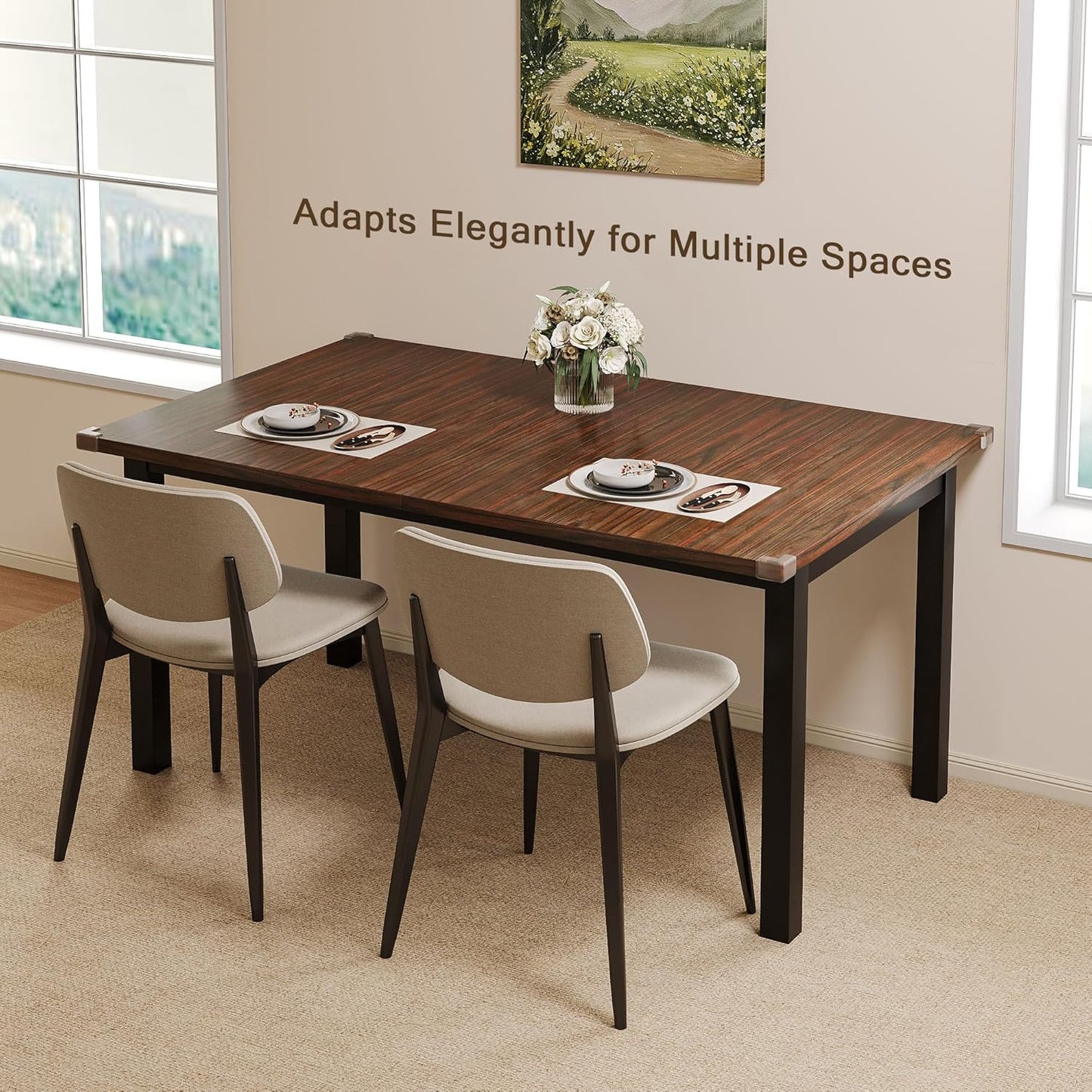 Extendable Dining Table for 4-6, 63" Modern Kitchen Table, Farmhouse Dining Room Tables for Dining, Kitchen, Office, Living Room, Rectangular Wooden Tables, Space Saving (Espresso)