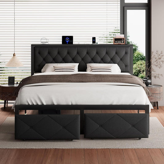 King Bed Frame with 2 Storage Drawers, Linen Upholstered Headboard Platform Bed with Charging Station, No Box Spring Needed, Metal Slats Support, Noise-Free, Easy Assembly, Black