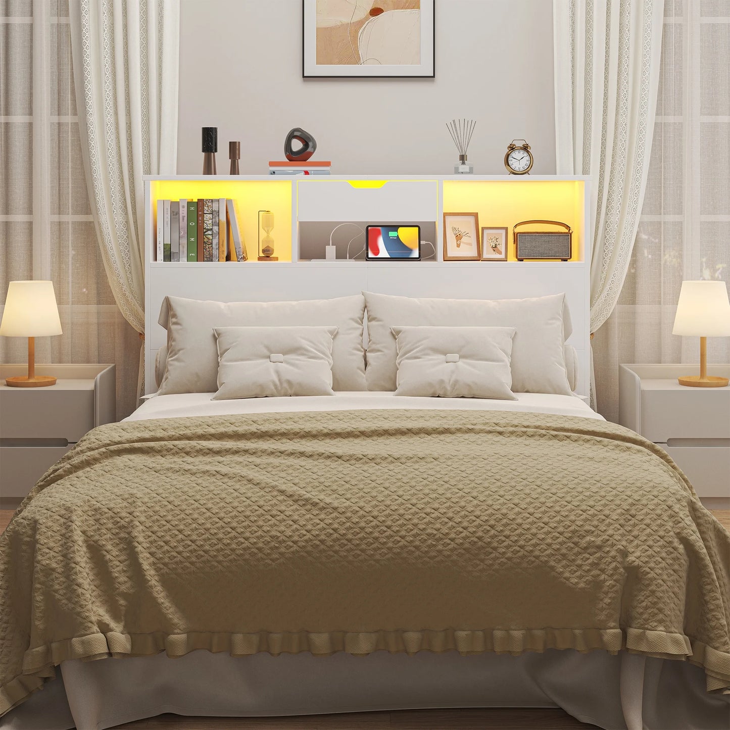 Full/Queen Headboard with Storage Shelf and Drawers, Morden White Headboard with Charging Station & LED Lights, Wood Deep Bookcase Headboards for Bedroom, 2 Tiers Storage, White