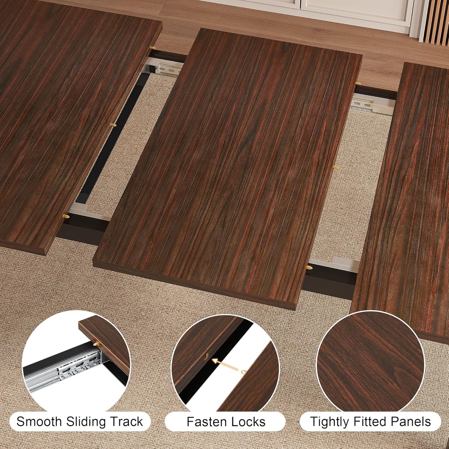 Extendable Dining Table for 4-6, 63" Modern Kitchen Table, Farmhouse Dining Room Tables for Dining, Kitchen, Office, Living Room, Rectangular Wooden Tables, Space Saving (Espresso)