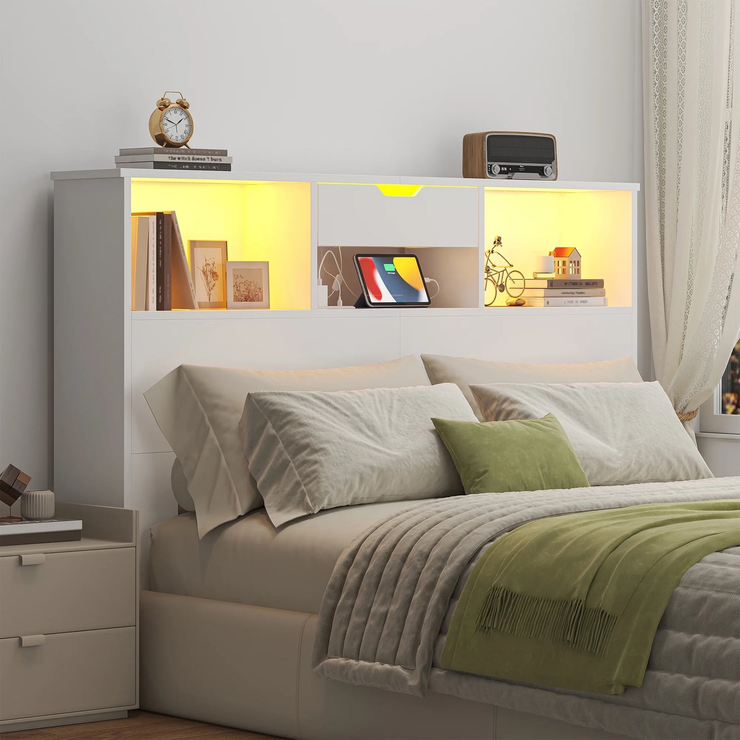 Full/Queen Headboard with Storage Shelf and Drawers, Morden White Headboard with Charging Station & LED Lights, Wood Deep Bookcase Headboards for Bedroom, 2 Tiers Storage, White