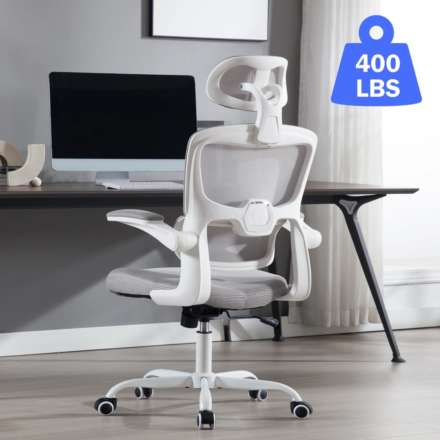 Ergonomic Office Chair with Tilt-Lock, Home Office Desk Chair with Auto Lumbar Support, High Back Mesh Desk Chair with Adjustable Headrest, Swivel Task Chair or Study Room Bedroom,Light Gray