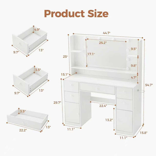 Makeup Vanity Desk Stool Set with Mirror and LED Lights Dressing Table 5 Drawers