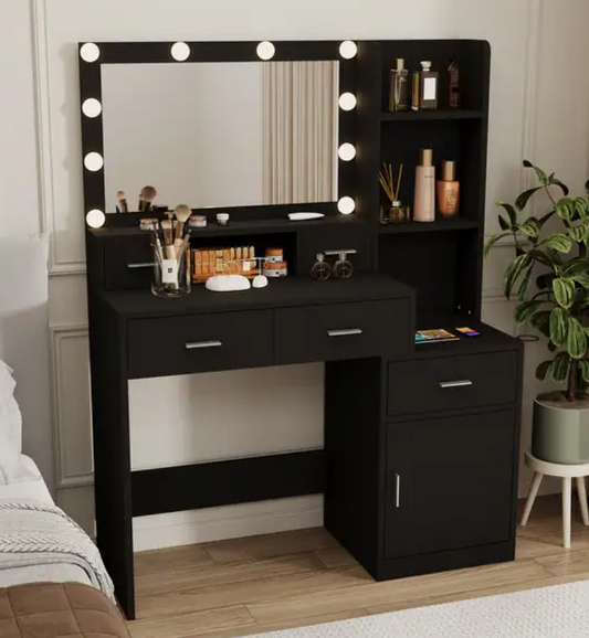 Vanity Desk with Mirror and Lights & Hidden Jewelry Storage Shelves for Bedroom