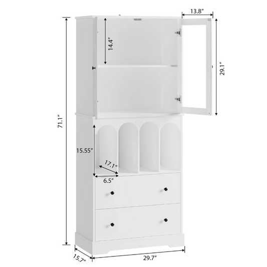 71" Kitchen Pantry Storage Cabinet with 2 Clear Doors, 4 Open Shelves & 2 Drawer