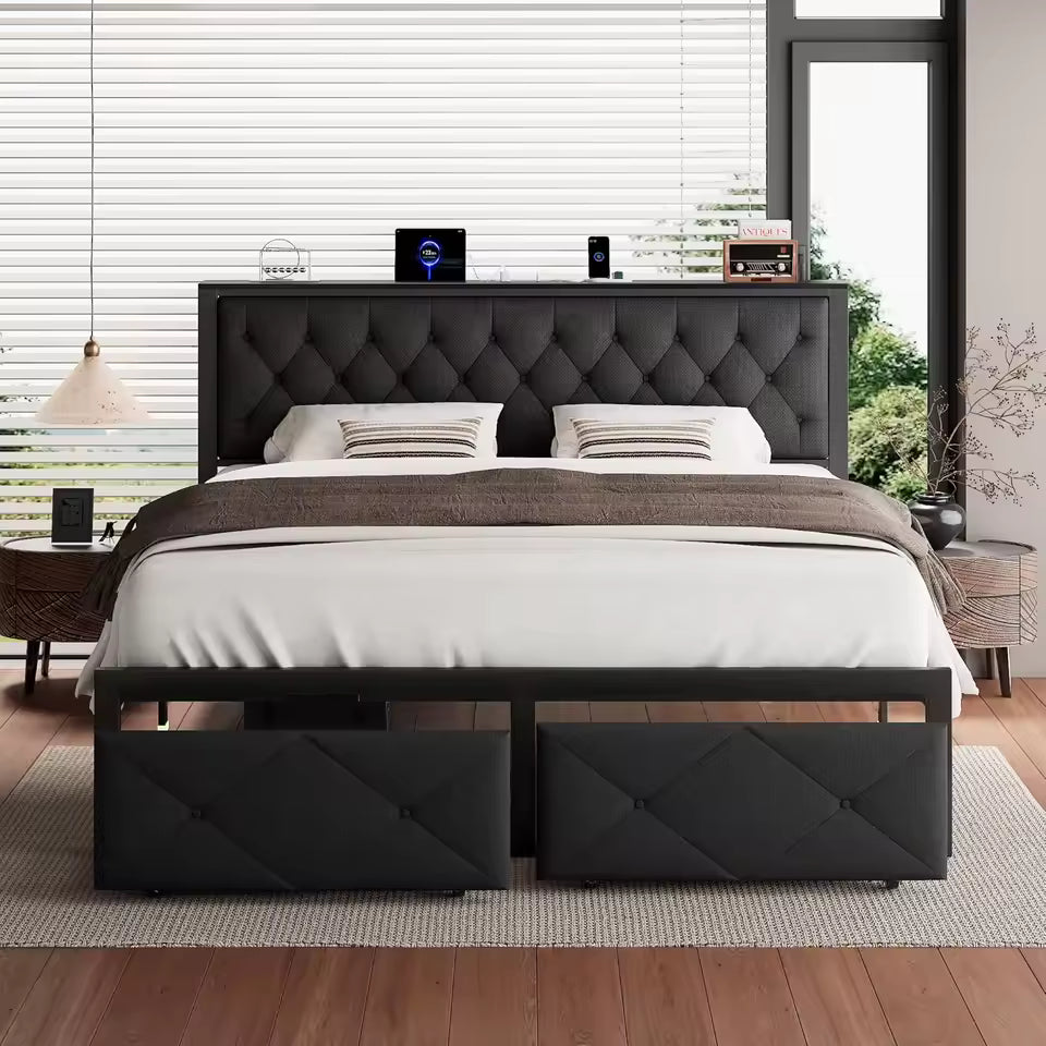 King Bed Frame with 2 Storage Drawers, Linen Upholstered Headboard Platform Bed with Charging Station, No Box Spring Needed, Metal Slats Support, Noise-Free, Easy Assembly, Black