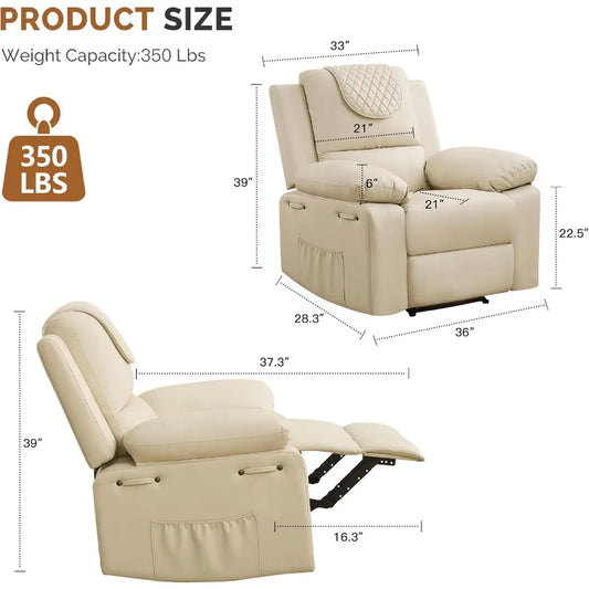 Manual Recliner Chair 135° Adjustable with Heating Massage Side Pockets Beige