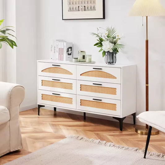 6 Drawer Boho Dresser Wood Rattan Storage Cabinet w/ Metal Legs Bedroom TV Stand