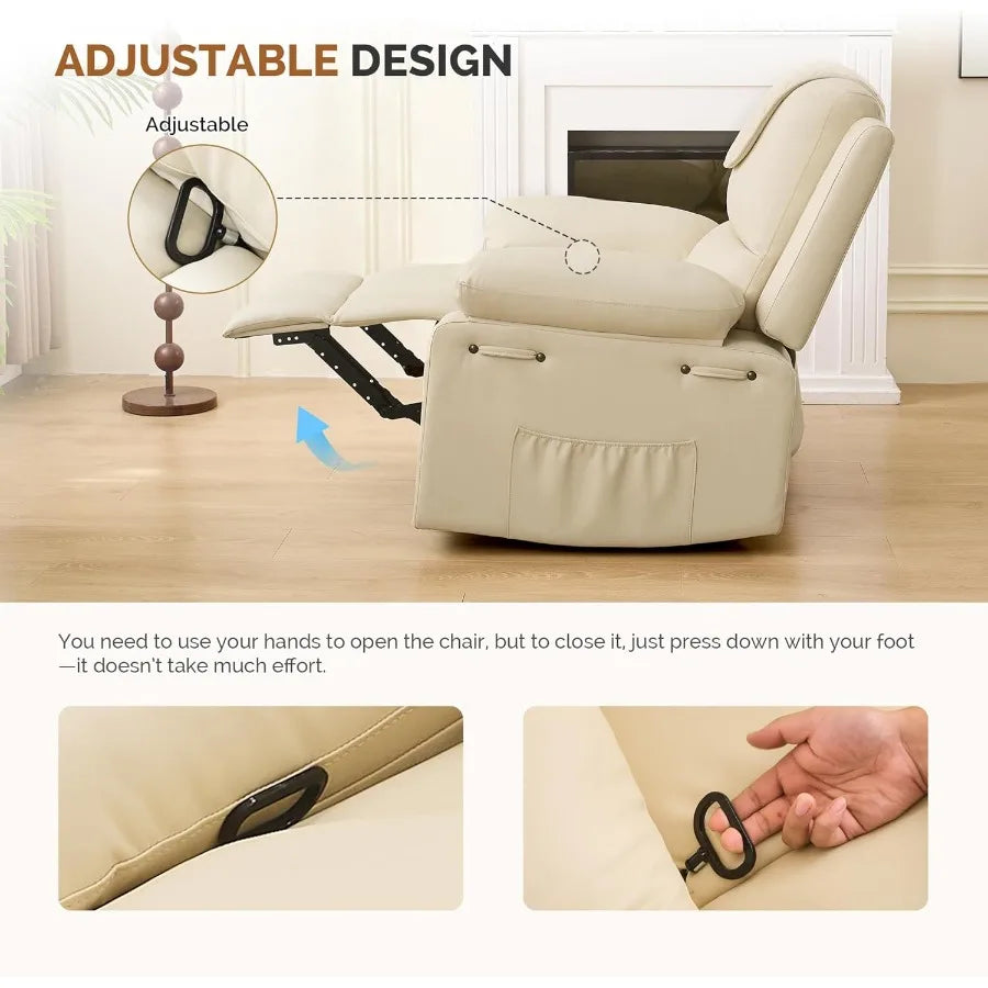 Manual Recliner Chair 135° Adjustable with Heating Massage Side Pockets Beige