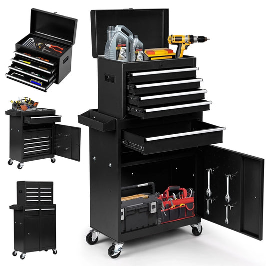 5-Drawer Rolling Tool Chest with Detachable Box, Lockable Wheels & 4 Hooks, Black
