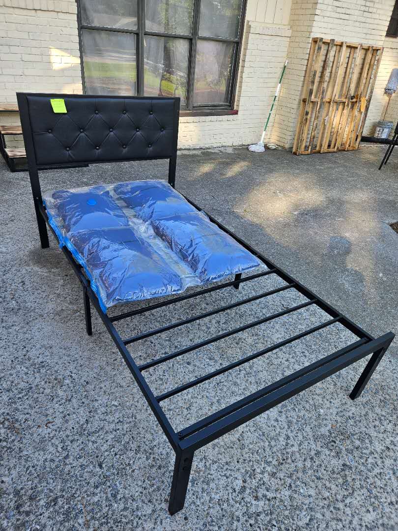 Twin Platform Bed Frame with Diamond Stitched Tufted Faux Leather Upholstered Headboard, Black