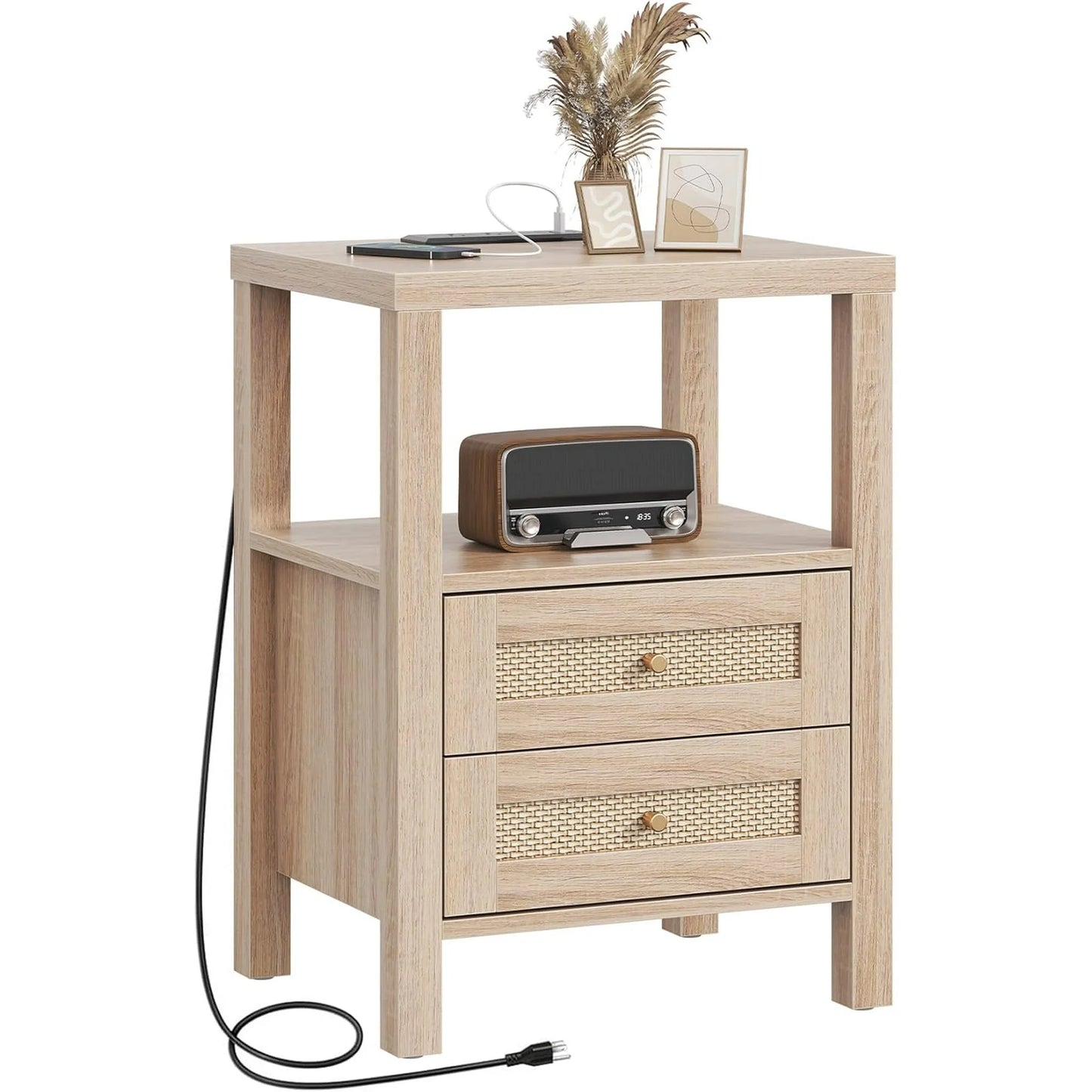 Rattan Nightstand,Boho Bedside Tables with Charging Station and Open Storage Shelf,Side Table End Tables for Bedroom Living Room