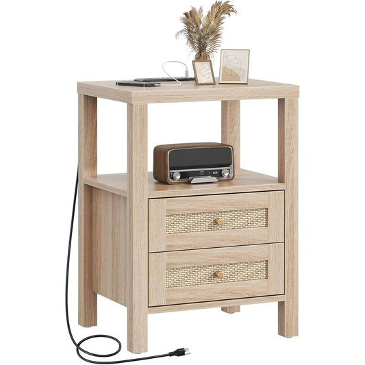 Rattan Nightstand,Boho Bedside Tables with Charging Station and Open Storage Shelf,Side Table End Tables for Bedroom Living Room