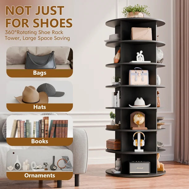 7 Tier Rotating Shoe Rack Tower, 360° Spinning Shoe Display Lazy Susan, Free Standing Shoe Organizer, Black