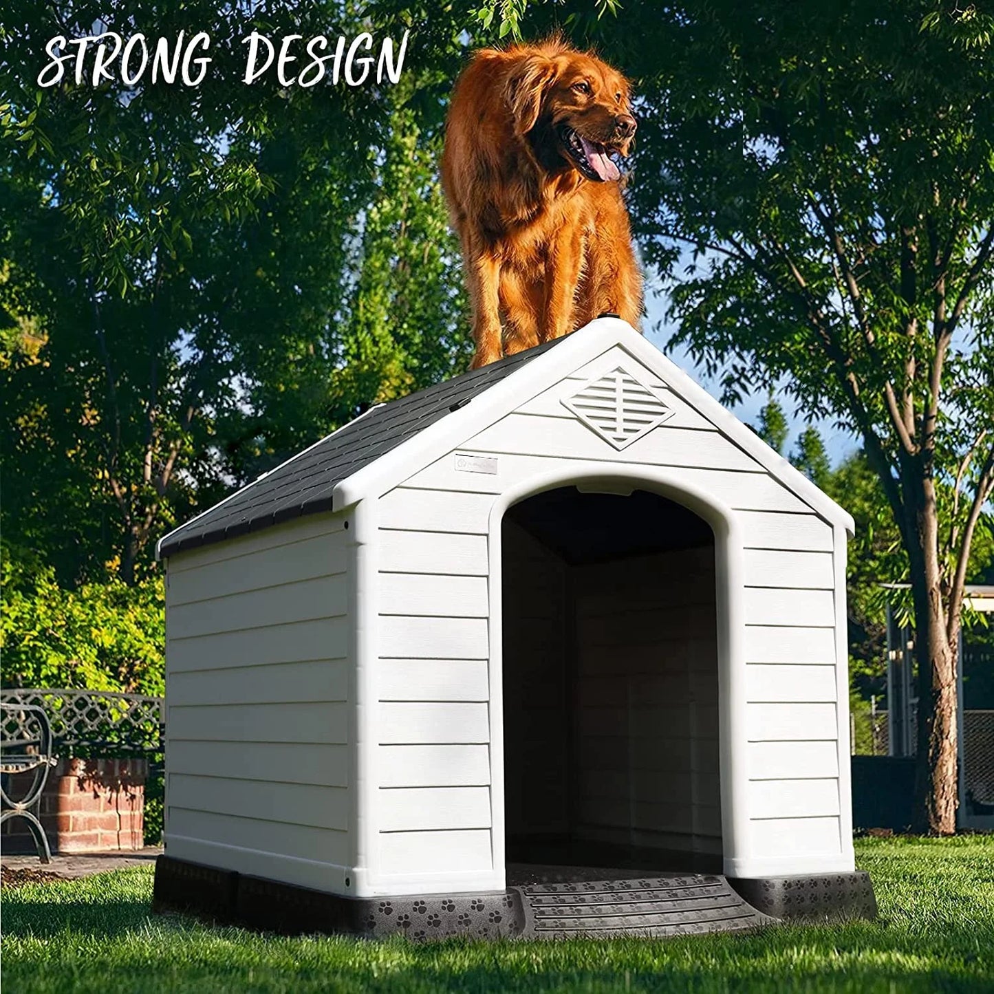 42 inch Plastic Dog House Outdoor Indoor for Small Medium Large Dogs,Waterproof Dog Houses with Elevated Floor and Air Vents,Durable Ventilate & Easy Clean and Assemble
