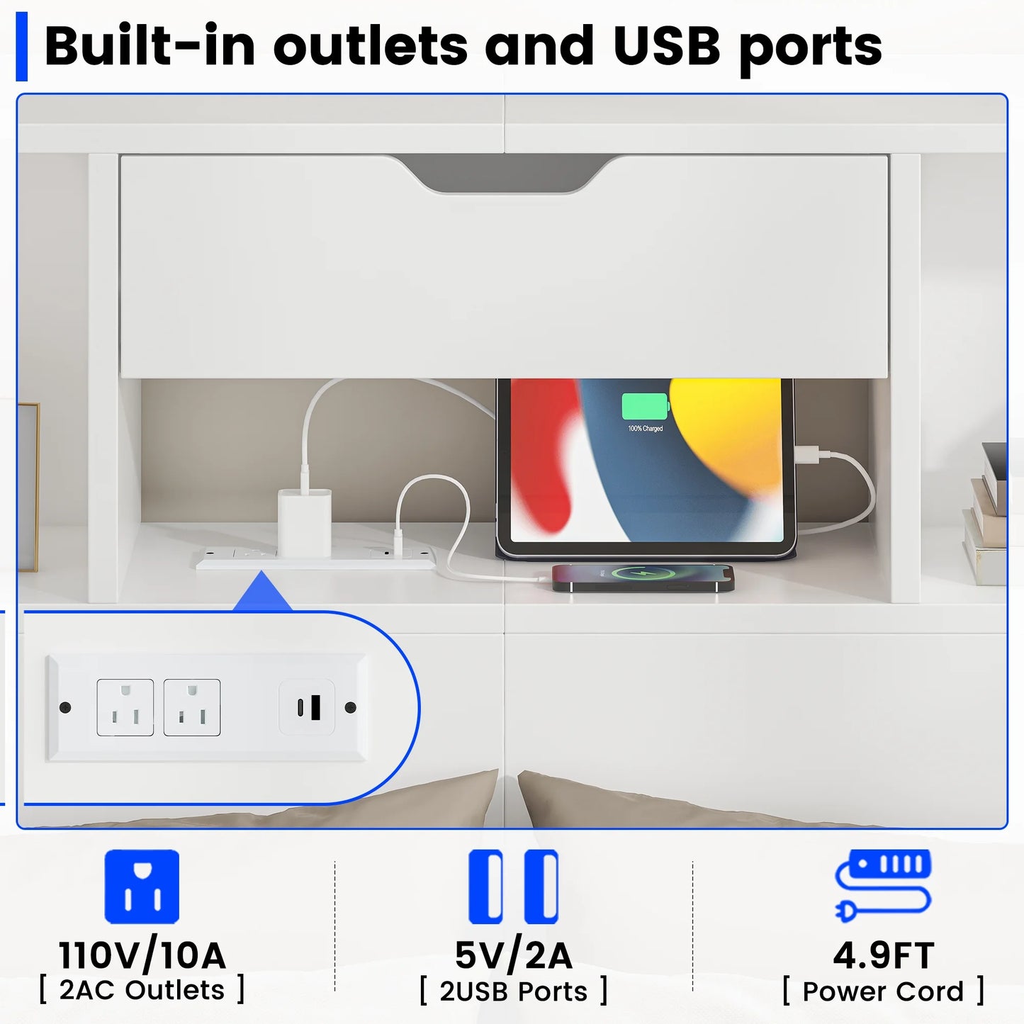 Full/Queen Headboard with Storage Shelf and Drawers, Morden White Headboard with Charging Station & LED Lights, Wood Deep Bookcase Headboards for Bedroom, 2 Tiers Storage, White