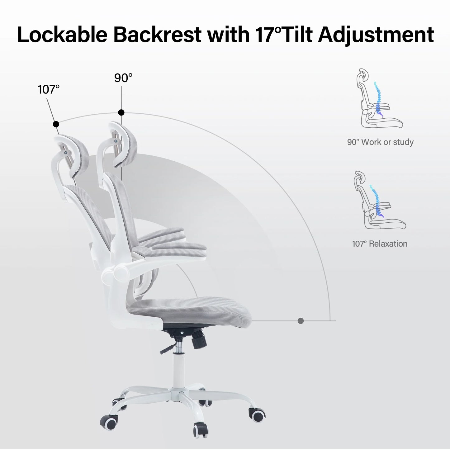 Ergonomic Office Chair with Tilt-Lock, Home Office Desk Chair with Auto Lumbar Support, High Back Mesh Desk Chair with Adjustable Headrest, Swivel Task Chair or Study Room Bedroom,Light Gray
