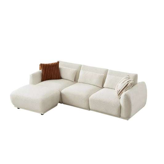 102" Modern Teddy Fabric L-Shaped Sofa, Coil Spring Seat, Off White / Black