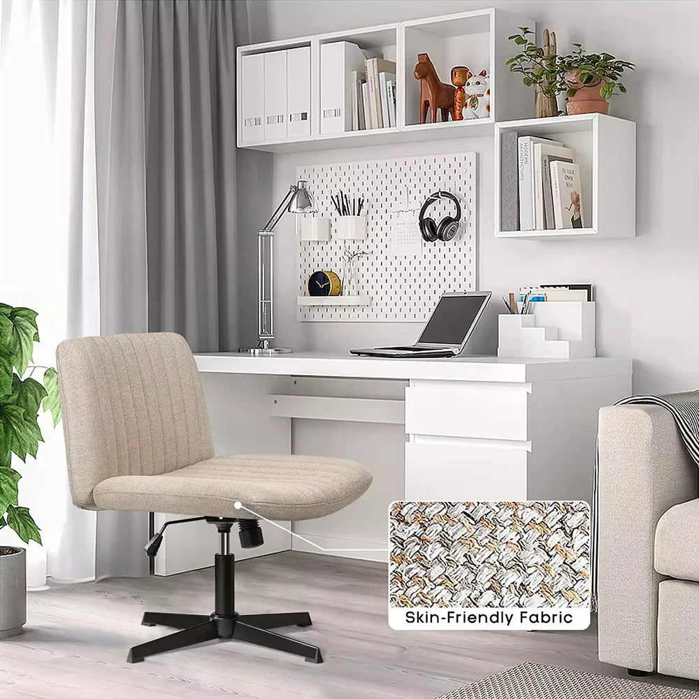 Criss Cross Chair Armless Cross Legged Office Desk Chair No Wheels Fabric Padded Modern Swivel Height Adjustable Mid Back Wide Seat Computer Task Vanity Chair for Home Office