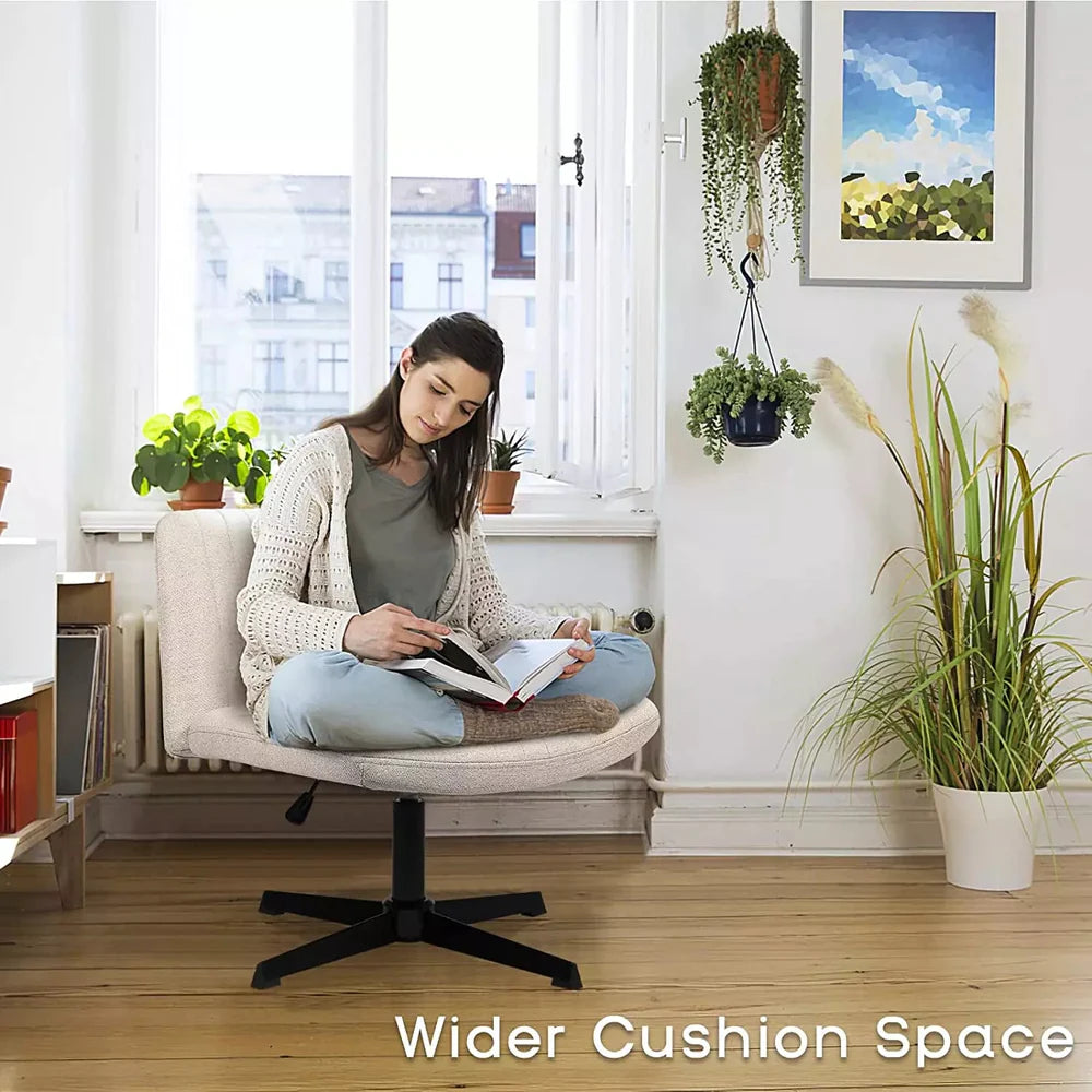 Criss Cross Chair Armless Cross Legged Office Desk Chair No Wheels Fabric Padded Modern Swivel Height Adjustable Mid Back Wide Seat Computer Task Vanity Chair for Home Office