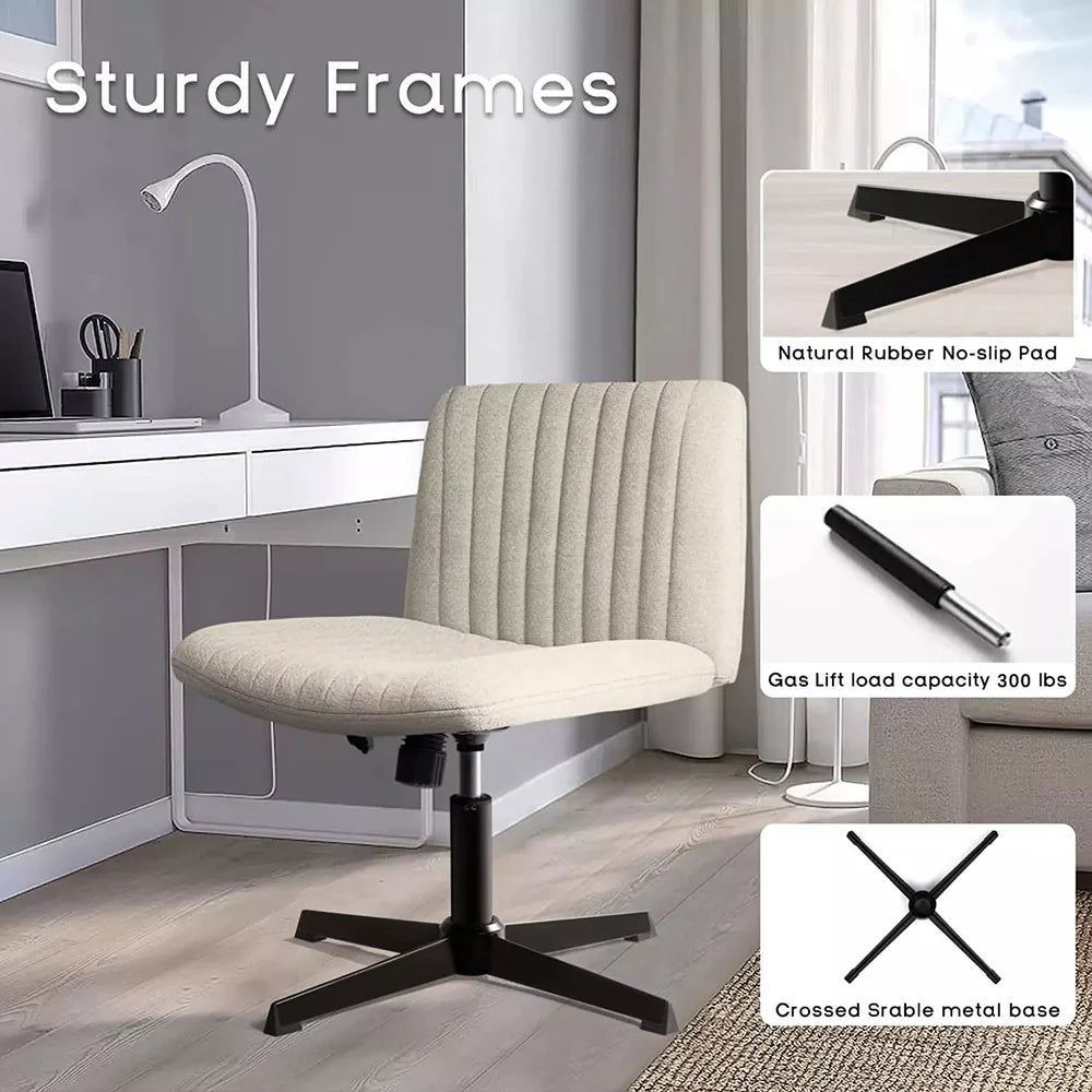 Criss Cross Chair Armless Cross Legged Office Desk Chair No Wheels Fabric Padded Modern Swivel Height Adjustable Mid Back Wide Seat Computer Task Vanity Chair for Home Office