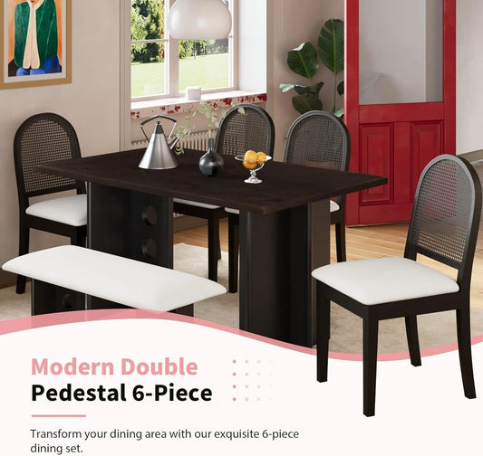 Modern 6PC Dining Table Set w/ 4 Upholstered Rattan Back Chairs & Bench Espresso