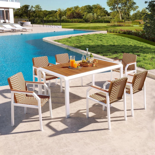 7PC Patio Dining Table Set Rattan Chairs Acacia Wood Top Outdoor Furniture