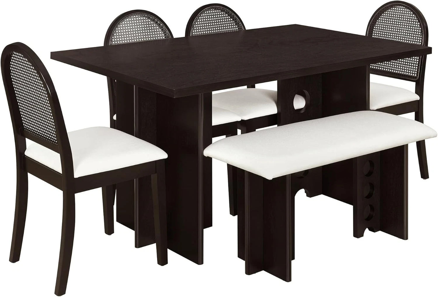 Modern 6PC Dining Table Set w/ 4 Upholstered Rattan Back Chairs & Bench Espresso