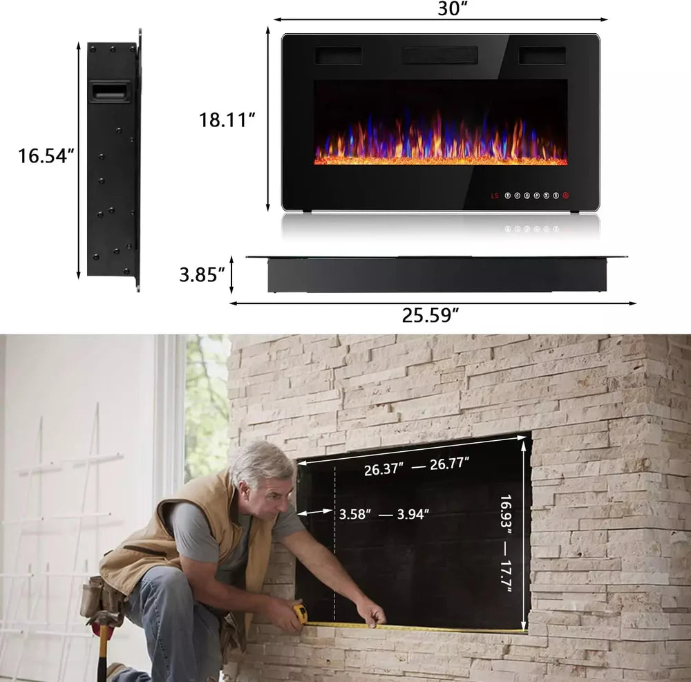 30 inch Ultra-Thin Wall Mounted & Recessed Electric Fireplace