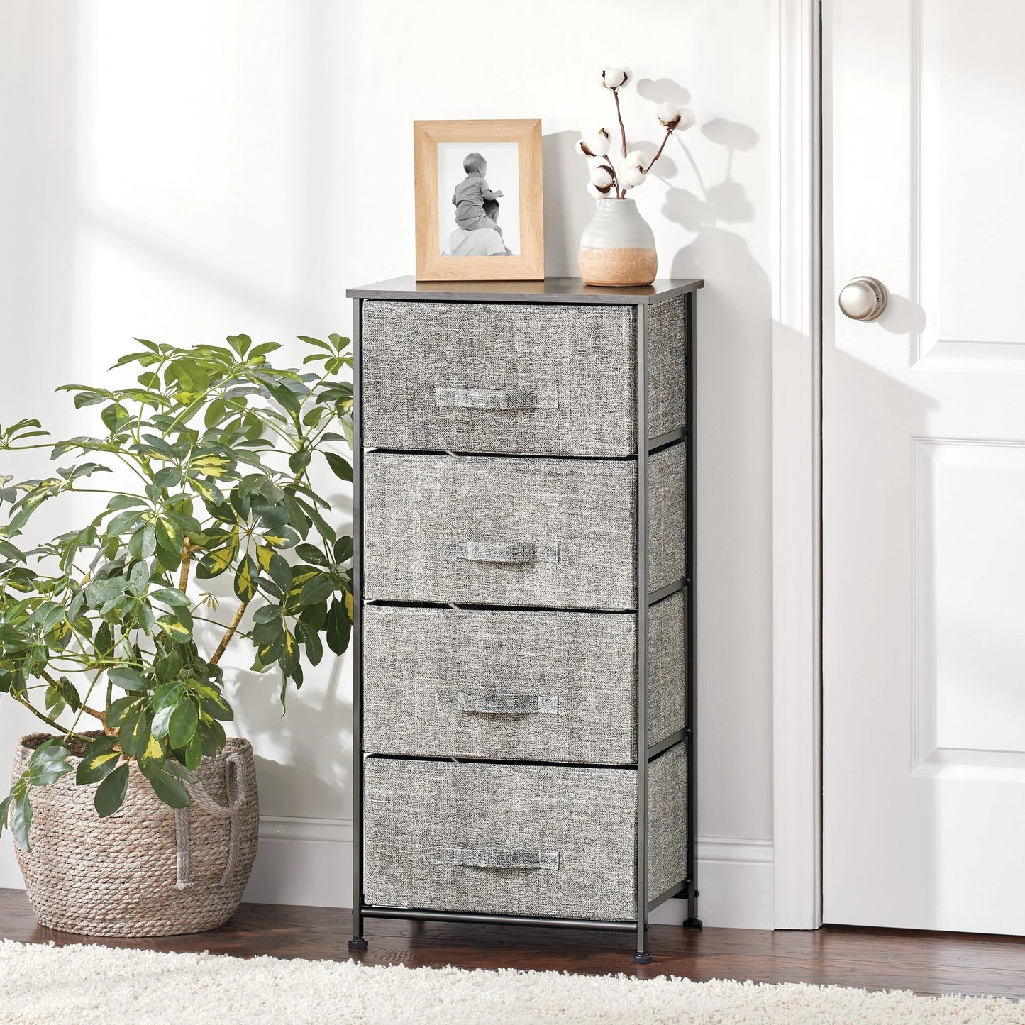 RBA1 HW46012BK Tall Dresser Storage Tower Stand with 4 Fabric Drawers