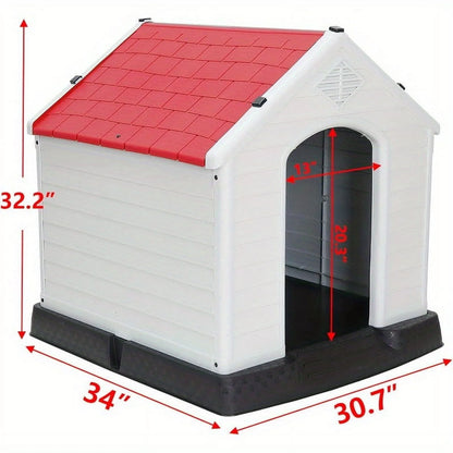 34Inch Large Plastic Dog House - Waterproof Dog Kennel with Air Vents and Elevated Floor All Weather Indoor Outdoor Insulated Doghouse Puppy Shelter Easy to Assemble