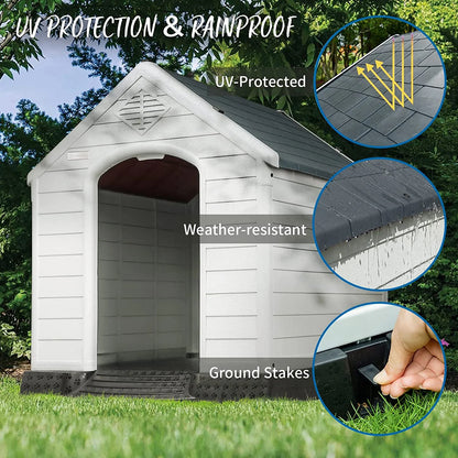 42 inch Plastic Dog House Outdoor Indoor for Small Medium Large Dogs,Waterproof Dog Houses with Elevated Floor and Air Vents,Durable Ventilate & Easy Clean and Assemble