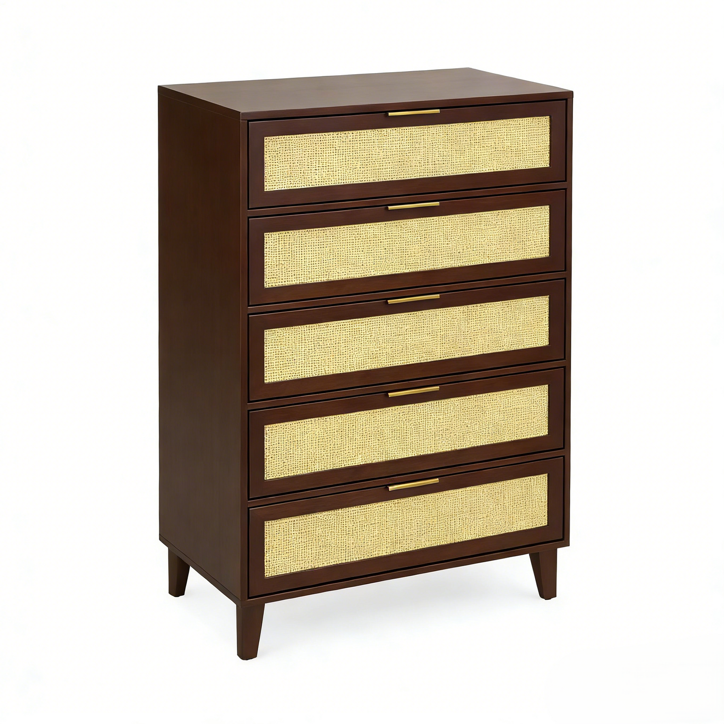 5-Drawer Rattan Dresser Chest, Wood Storage Cabinet for Bedroom Living Room