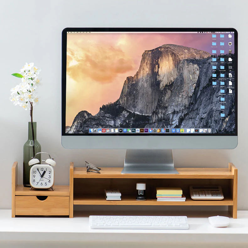 Monitor Stand Riser Desk Organizer-Bamboo 2 Tier Laptop Stand With Drawers