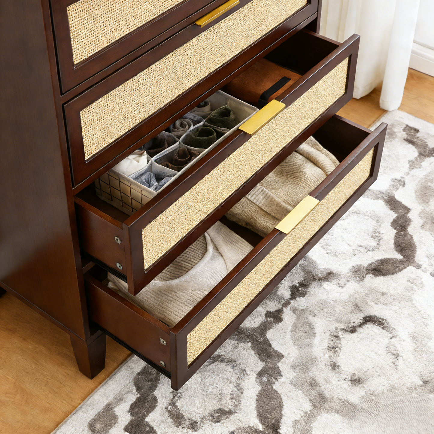 5-Drawer Rattan Dresser Chest, Wood Storage Cabinet for Bedroom Living Room