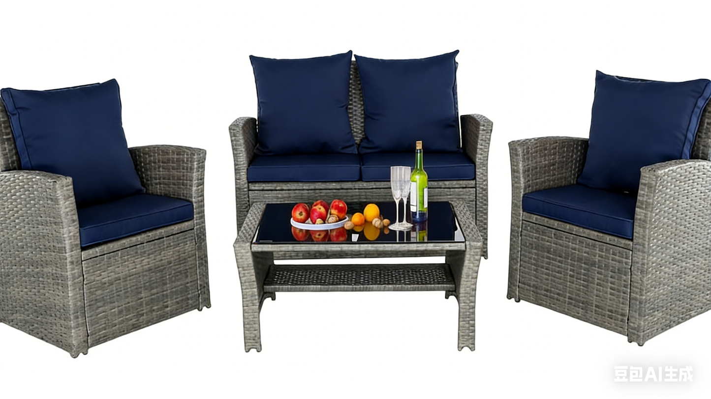 4-Piece Outdoor Rattan Patio Furniture Set Wicker Chairs Table w/ Cushions